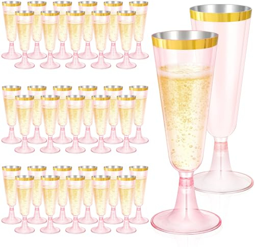 ALEXPRE Rosa Sektgläser Plastik mit Goldrand, 50 Stück Kunststoff 150ml Transparent Cocktail-Sektgläser, Champagner Gläser Mehrweg Weingläser für Partys Hochzeiten Geburtstage Picknick