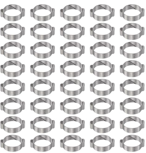 sourcing map 40pcs Double Ear Hose Clamp 23-27 mm 304 Stainless Steel Hose Clamp Double Ear O Clips Crimp Rings for Fuel Line Pipe Tube Fitting Connections, Silver