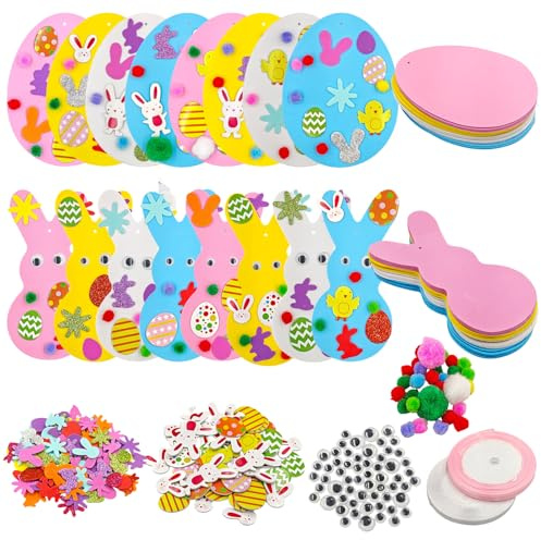 Feegela Moosgummi Bastelset Kinder für Ostern - 32 Stück DIY Osterdeko mit Hasen, Eiern, Stickern & Band: Komplettes Ostern Basteln Kinder Set, Kreatives Oster Geschenk