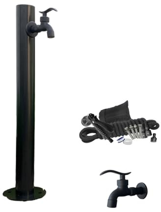 Colonna d'acqua da giardino autoportante in acciaio inox con rubinetto, pistola a spruzzo ad alta pressione da 7,5 m, moderna fontana nera per esterni per patio e prato, design con ingresso laterale e