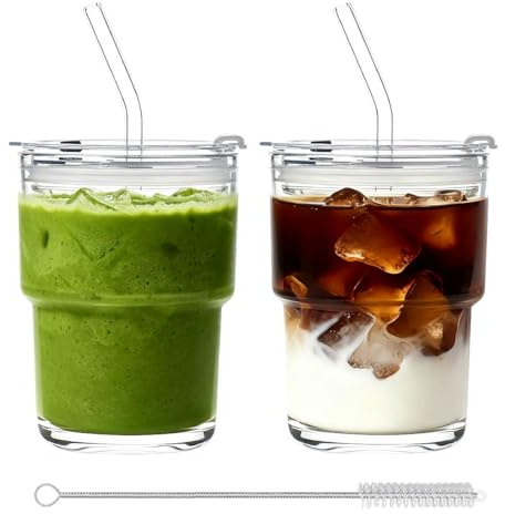 380ml Glass Tumbler with Lid and Straw, 2 Pack Reusable Iced Coffee Cup | Clear Leakproof Tumbler Cup for Smoothies, for Juice, Coffee,Cocktail,Soda,Milk,Ice Water,Matcha (380ml-2Pack)