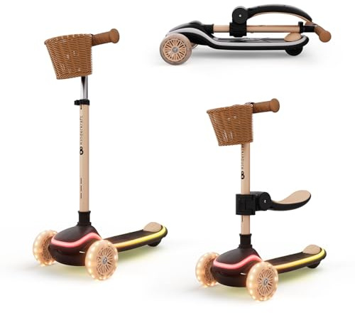 Kinderkraft RAKET UP 2-in-1 Kids Scooter with Seat, Foldable Toddler Scooter with LED Deck, RGB Light-Up Wheels, Adjustable Handlebar and Seat, Beige