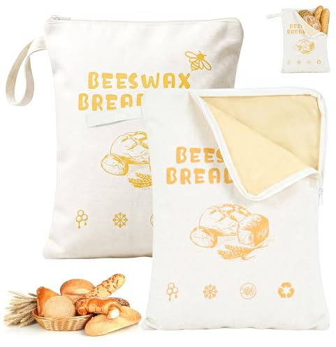 2 Pack Beeswax Bread Bags with Zip, Bread Storage Bags for Homemade Bread | Cotton Linen & Natural Beeswax Lining, For homemade sourdough, Artisan loaf storage,Reusable kitchen bag, Keeps bread fresh