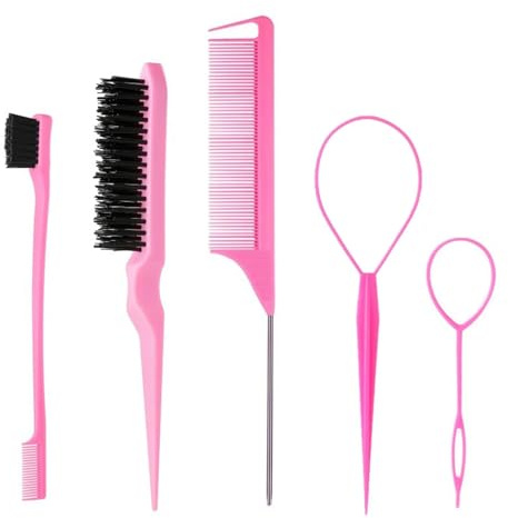 5 Piece Hair Styling Set, Double Edge Teasing Hair Brush, Rat Tail Comb, Bristle Haircut Hair Comb, Hairstyle Aid Hair Twister Set, Hair Braiding Tools for DIY Hairstyles, for Women Girls