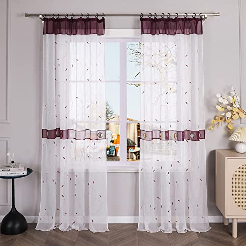 Yujiao Mao Stickerei Voile Gardinen 1er-Pack transparenter Vorhang Schal mit Kräuselband BxH 140x225cm Beere