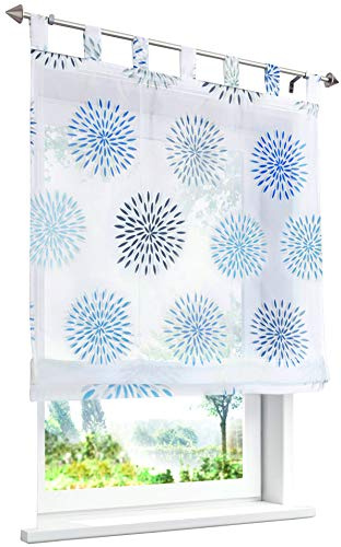 1 Stück Raffrollo mit Kreis-Motiven Floral Design Raffgardine Voile Transparent Vorhang (BxH 120x140cm, Blau)