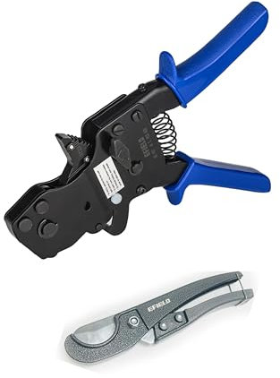 EFIELD Pex Ratschen-Cinch-Klemmwerkzeug für Edelstahlringe für Größe 0,95 cm - 2,5 cm, entspricht ASTM2098 mit Rohrschneider