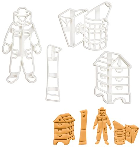 BAKERLOGY Set of 4 Beekeeping Tools Cookie Cutters (Designs: Beehive, Hive Tool, Beekeeper Suit, and Bee Smoker) - Detailed Biscuit Cutter Design for Baking and Crafts, Ideal on Fondant, Dough, Clay