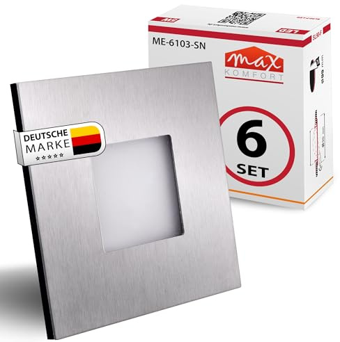 LED Treppenbeleuchtung 230V – 0,5W 40lm Wandeinbauleuchte Eckig für 60mm Dose – Warmweiß (3000K) – Aluminium Stufenlicht Flur – Stromsparendes Nachtlicht ohne Sensor - 6103S (6, Edelstahl-eckig)