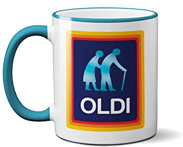 SMARTYPANTS Oldi Mug - Funny Old Age Joke 11oz Ceramic Coffee Tea Cup with Blue Handle - Novelty Birthday, Christmas or Retirement Gift for Him or Her - 60th 70th 80th
