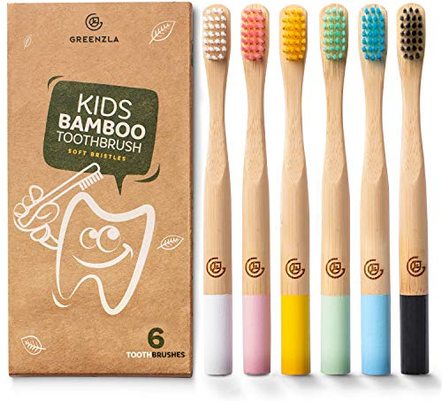 Greenzla Brosses à dents en bambou pour enfants (6 packs) | Brosses à dents à poils souples sans BPA | Ensemble de brosses à dents en bambou naturelles et écologiques, compostables et organiques
