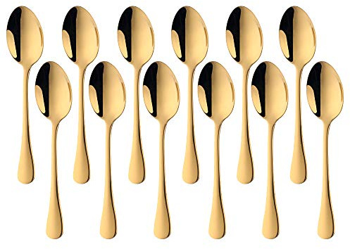 SUNSENGEUR Dessert Spoons, 18/0 Stainless Steel, Oxford European Style 7.3 inches-Pack of 12, Gold