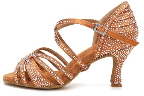 HROYL Scarpe da Ballo Donna Latino Salsa e Bachata Scarpe Ballo da Sala,L356-7.5,Marrone,EU 42