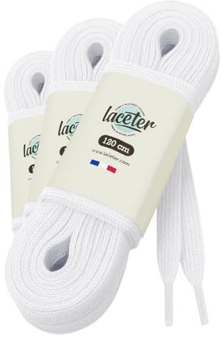 Laceter 3 Pares de Cordones Planos de Algodón 8mm para Zapatillas y Calzado Deportivo - Compatibles con Nike, Adidas, Converse - Alta Resistencia - Fabricado en España - Blanco - 90 cm