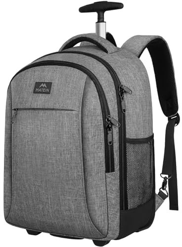 MATEIN Schulrucksack mit Rollen, Business Trolley Leicht Handgepäck Flugzeug Reiserucksack Herren 17 Zoll Laptoptasche Reisetasche mit Rädern Damen Schultrolley Wheeled Backpack für Arbeit, Uni, Grau