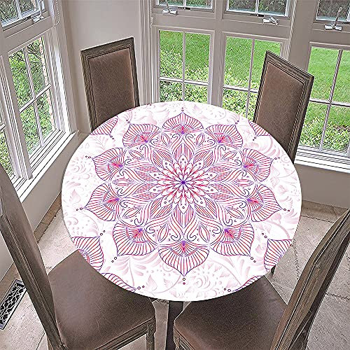 FANSU Runde Tischdecke Abwaschbar 3D Mandala Elastische Gartentischdecke Rundtischdecke wasserdichte rutschfeste für Outdoor Home Küche Dekoration (Hell-Pink,Durchmesser 120cm)
