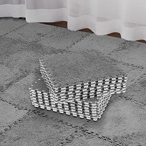 Flutesan 15 Pcs Winter Plush Puzzle Foam Floor Mat Interlocking Carpet Tiles Anti Slip Soft Warm Squares EVA Foam Crawling Rug for Play Floor Playroom Bedroom Nursery(Gray)