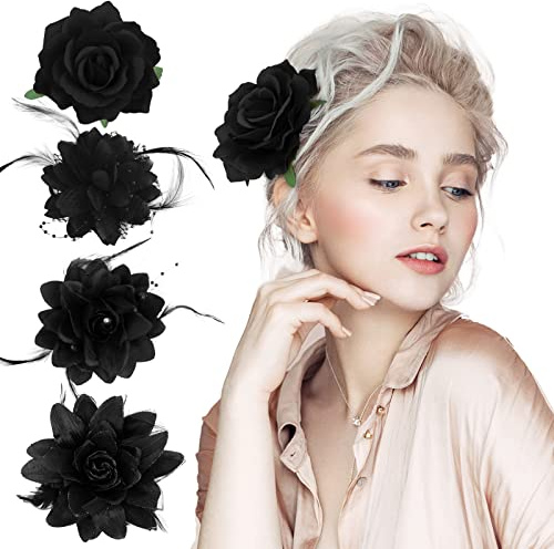 BOFUNX 4 Stücke Blumen Haarspangen Schwarz Haarklammer Haarclip Blume Haarschmuck für Mädchen Damen Braut Hochzeit Festival Tanzen Partys