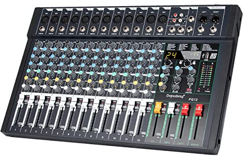 Depusheng FG12 - Mixer audio professionale a 12 canali per la registrazione del computer, interfaccia controller audio, mixer da studio 24 DSP integrato con alimentazione phantom da 48 V,Bluetooth
