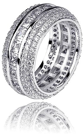 Männer Skeleton Ring Luxus Iced Out Cubic Fünf Reihen Square Zirkonia Ring Hiphop Schmuck Zubehör für Hochzeit Zeremonie,Silber,9