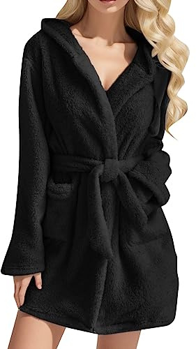 Peignoir en tissu éponge pour femme - Avec capuche - Long et court - Sans capuche - Grandes tailles - Chaud - Pour sauna - Peignoir de bain, Noir , L