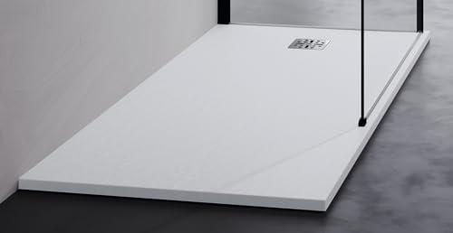 Novellini Novomatt Duschwanne, 160 x 70 cm, Höhe 3 cm, mattweiß, ultraflach, dünne Installation, zuschneidbare Halterung, Mineralsolid, Oberfläche Textur in Steinoptik, inklusive Ablaufgarnitur