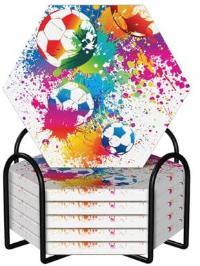 Bunte Fußball-bedruckte Keramik-Untersetzer-Set, sechseckig, rutschfest, mit saugfähigem Korkboden und Metallhalter, 6 Stück