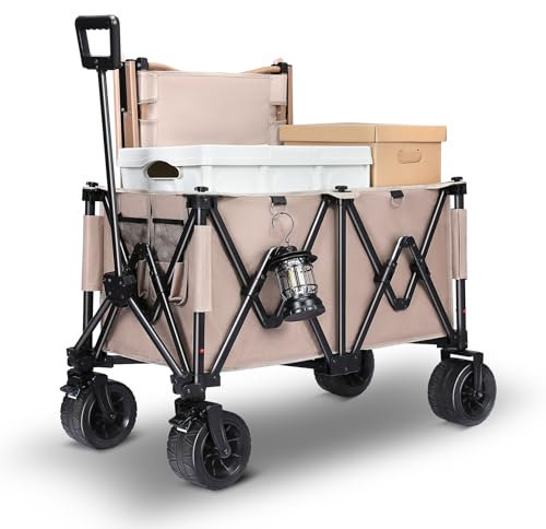 Carro de jardín plegable con frenos, 150 kg, con asa ajustable, carrito de jardín, carro de mano, ruedas para la playa, para todo terreno, color marrón café