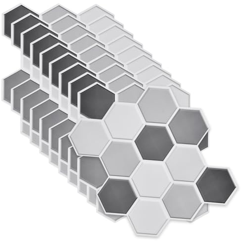 MOROBOR Piastrelle adesive da parete esagonali, 30 cm, in PVC, 3D, paraschizzi, per cucina e bagno, 10 fogli, colore: grigio chiaro