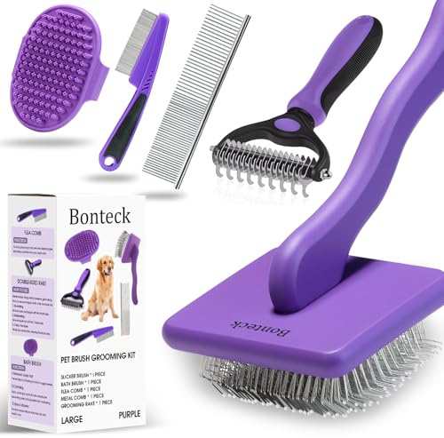 Bonteck Hundebürste, Hundepflegeset, 4-teilig, Zupfbürste für die Fellpflege, lange Nadelbürste zum Entfilzen, Enthaarungsbürste, Hundebadebürste, Flohkamm, Hundekamm, langhaarige Hundebürste, Größe