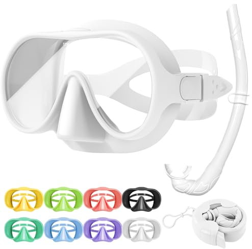 Tyuodna Schnorchelset Erwachsene,Taucherbrille mit Schnorchel,übergroßen Linse 180° Weitwinkel Anti-Fog Snorkeling Set,Macaron-Farben Taucherbrillen für Schnorcheln,Tauchen (Weiß+Schnorchel)