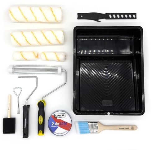 Edward Tools 13 Piece Paint Roller Kit Deluxe - 9” Roller with Covers, 4” Roller with Covers, Angled Paint Brush, Foam Brush, Paint Trays, Lid Opener, Stirrer, Painters Tape, Paint Supplies
