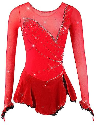 YDHTIZ Klassisches Eiskunstlauf Kleid Für Damen Mädchen Eislauf Outfits Elastizitäts Trainings Wettkampf Skating Bekleidung Lange Ärmel Gymnastikrock,C,XXXL