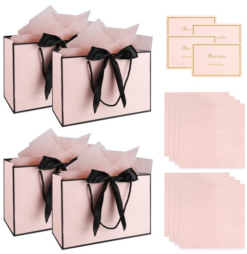 GHVACZS 4 stycken presentpåsar, presentpåsar med band + gratulationskort + näsdukar, presentpåse, lämplig för födelsedagar, bröllop, fester (rosa)