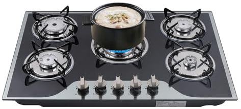 WOLEGM Piano cottura a gas integrato, 5 fuochi in vetro a gas con 5 ugelli, 5 bruciatori separati e manopole per GPL, NG Gas Stove