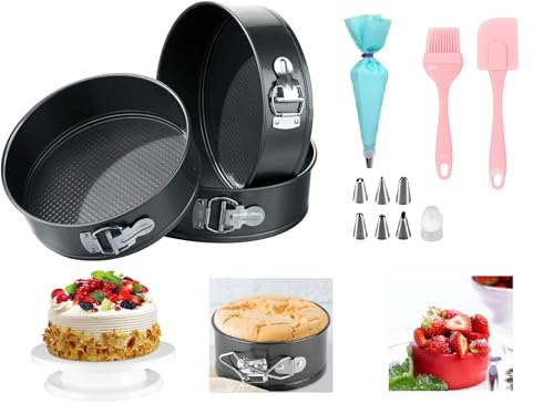 MIFAH Cake Tins Set 3 Pcs(9/10/11), Non-Stick Springform Baking Trays &1 Pcs Silicone Spatula,Piping Bags and Nozzles 8 Pcs,1 Pcs Silicone Oil Brush,Cheesecake Pan with Removable Bottom