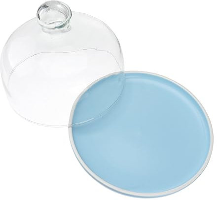 PHENOFICE Ceramic Round Dessert Plate with Matte Blue Finish and 18cm Glass Food Cover, Nordic Style Decorative Snack Tray for Party Serving and Home Use, 8-inch Set