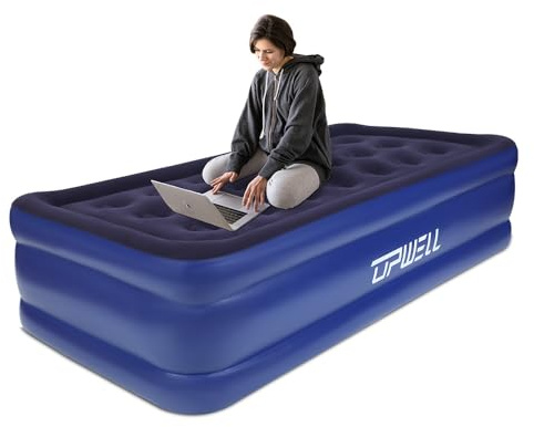 UPWELL Inflatable Air Mattress Twin with Built in Pump Comfort Blow up Bed Waterproof Fast&Easy Set up Dura Beam Strong Support Mattress for Home Guests & Camping Navy Blue