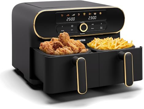 Klarstein AuraAir Color Touch Dual Heißluftfritteuse – 11L Dual-Kammer Airfryer, 1700 W, 8 Programme, Touchscreen, Weniger Fett, Antihaft, Überhitzungsschutz, Automatische Abschaltung, Schwarz/Gold