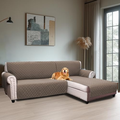 BellaHills Sofaüberzug Wasserabweisend rutschfeste Sofaüberwurf Abnehmbar mit Armlehnen Taschen und Gummiband Chaiselongue Rechte (247CM) Taupe