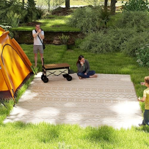 Outsunny Tapis d'extérieur réversible 3,7 x 2,7 m, Tapis de Sol au Motif Mur géométrique en PP résistant aux intempéries, Sac de Transport Inclus, Tapis extérieur terrasse, Kaki et Beige Clair