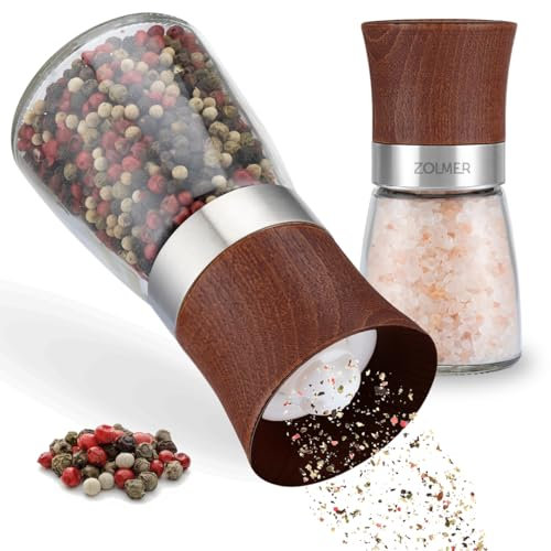 Zolmer Macina sale e pepe effetto legno, set da 2 pezzi, macinapepe legno grande con meccanismo in ceramica, saliera ricaricabile in vetro e legno, regolabile manualmente