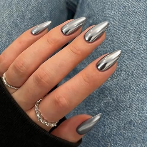 KQueenest Chrome Press On Nails - Metallic Silber Weiß Nägel zum Aufkleben Mittel Mandel, Spiegel Effekt Fake Nails Künstliche Fingernägel, Sparkle Bling Acryl Nägel für Frauen, 24 Stück