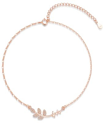 Glintara Sillber vristlänk för kvinnor, 925 sterlingsilver fotlänk, dubbelring sommar strand fotkedja, fotledsarmband fotspänne med gren + blad, justerbar vattentät ankelkedja, Sterlingsilver Sten