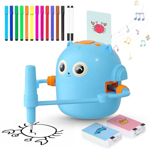 DANLIKT Zeichnungsroboter für Kinder, Interaktives Pädagogisches Drawing Robot mit 100 Zeichenkarten & 12 Aquarellstiften für Jungen Mädchen (Blue)