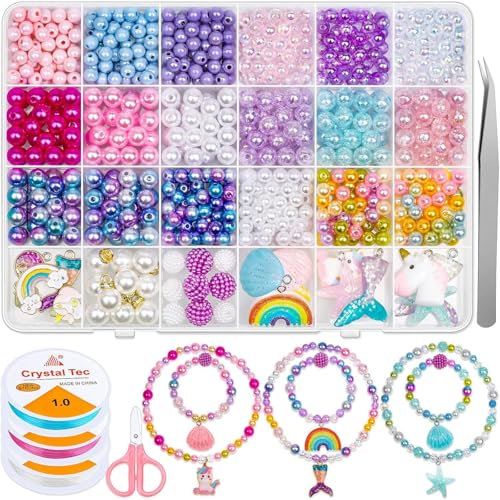 Barlone 900+ Perlen Set zum Armbänder Selber Machen Kinder - Bastelset mit 6/7mm Bunten Perlen, Meerjungfrau, Einhorn Anhängern, DIY Schmuckherstellung Geschenk für Mädchen ab 4 Jahren(Pastellfarben)