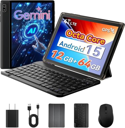 10 inch 2-in-1 Android 15 Tablet with Keyboard, Mouse, and Case, 4G LTE Cellular, 12GB RAM + 64GB ROM (2TB Expandable), MediaTek Octa-Core 2.0GHz, Gemini AI, IPS Display, 5G Wi-Fi, GPS, Bluetooth