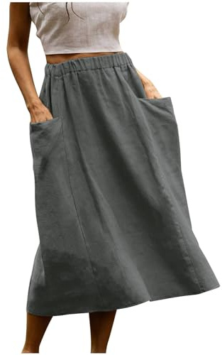 Rock Damen Midi Baumwolle Leinen Midirock Sommerrock Leicht und Luftig Freizeitrock mit Taschen Einfarbige Röcke für Frauen Casual Damenrock Gray M