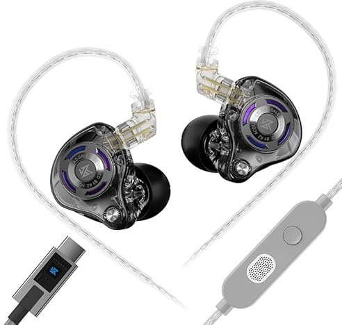 LINSOUL KZ Gale In-Ear-Monitore,Super-Linearer Dynamischer Treiber IEM,Ultra-ansprechender Bass Hi-Fi Gaming-Kopfhörer mit Versenktes 2Pin-Kabel für Audiophile(Mit Mikrofon Type C,Schwarz)