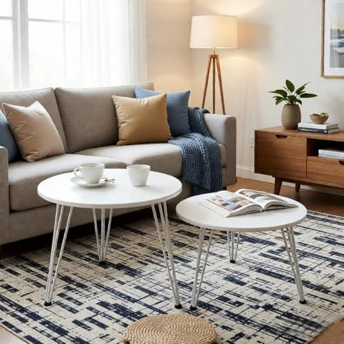 johgee 2 Stück Beistelltische Holz Rund, Couchtisch Rund Set, Sofatisch, Ø 50 cm und Ø 40 cm, Geeignet für Wohnzimmer Schlafzimmer, Weiß